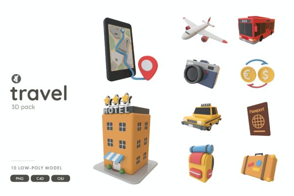 低多边形风格旅行3D元素插画包 Travel 3D object illustration pack