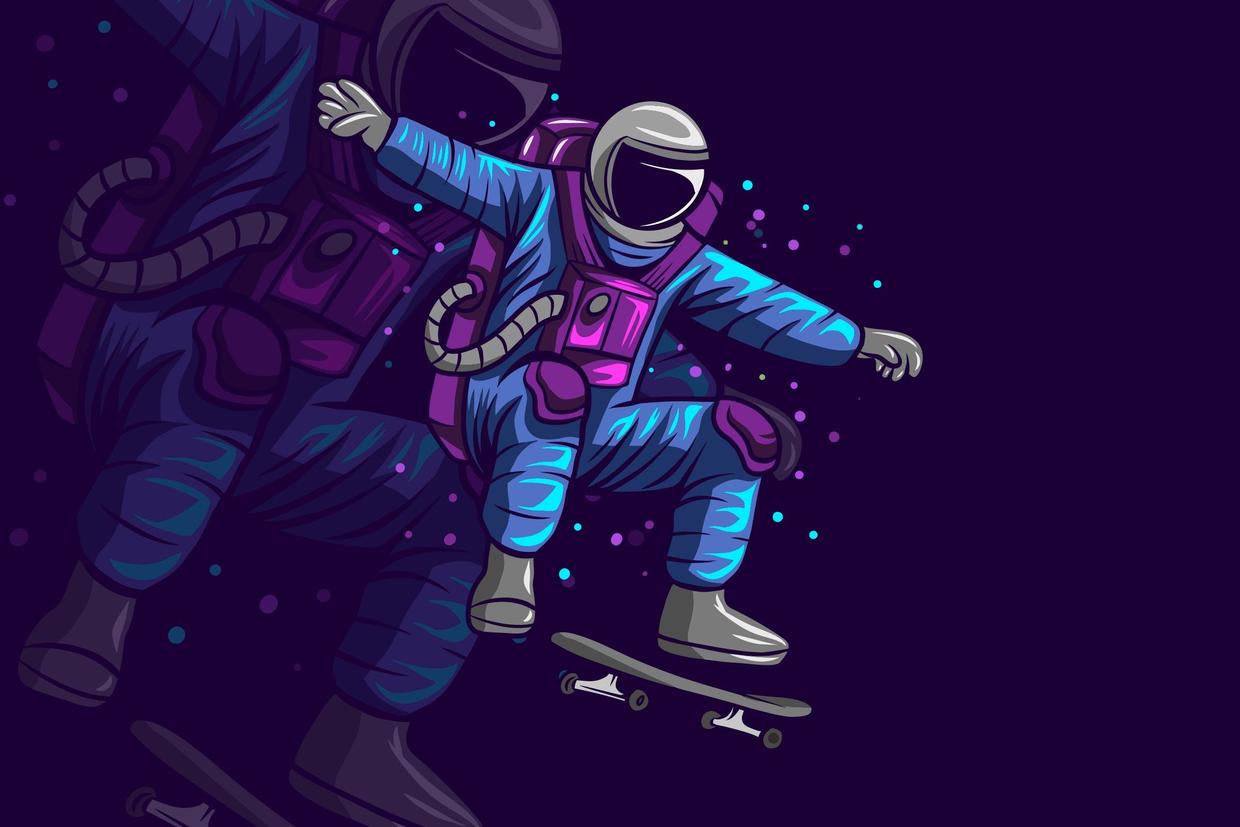 太空宇航员滑板跳跃矢量插画