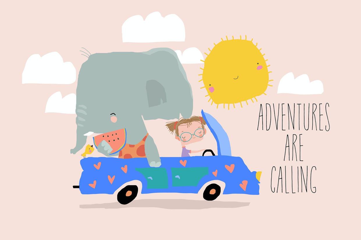 可爱的大象女孩自驾旅行矢量插画