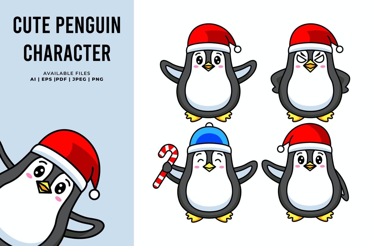 可爱的企鹅角色矢量插画