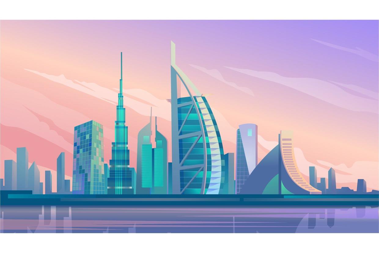 迪拜城市摩天大楼插画背景素材
