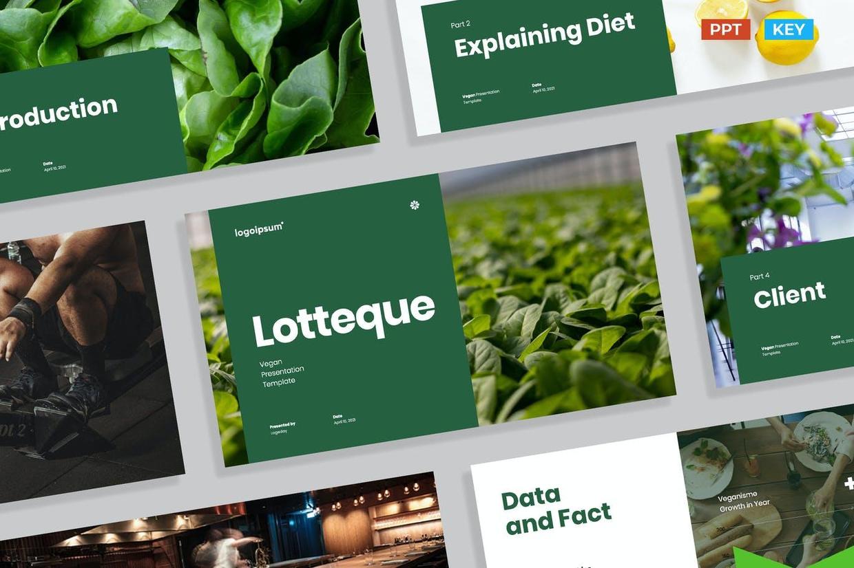 高品质的极简素食健康绿色食品风格的powerpoint幻灯片演示模板